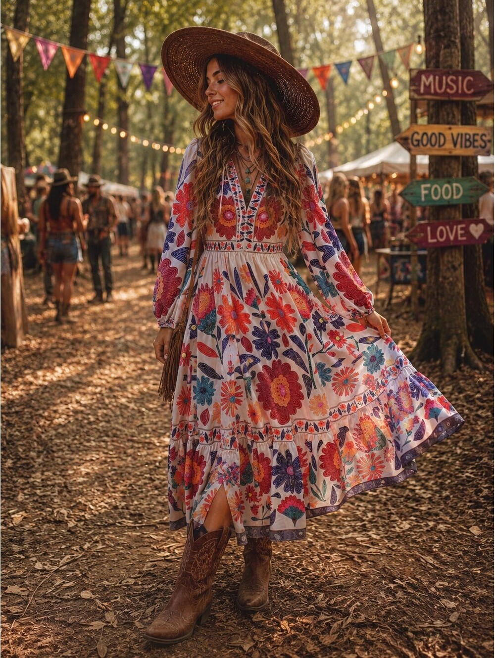 Boho Floral Maxi Dress Size M Multicolor Puff Sleeve Ruffle Long Dress